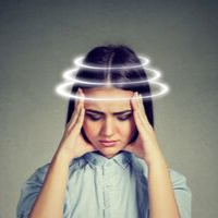 Visual depiction of vertigo with woman holding temples and circular motion effect
